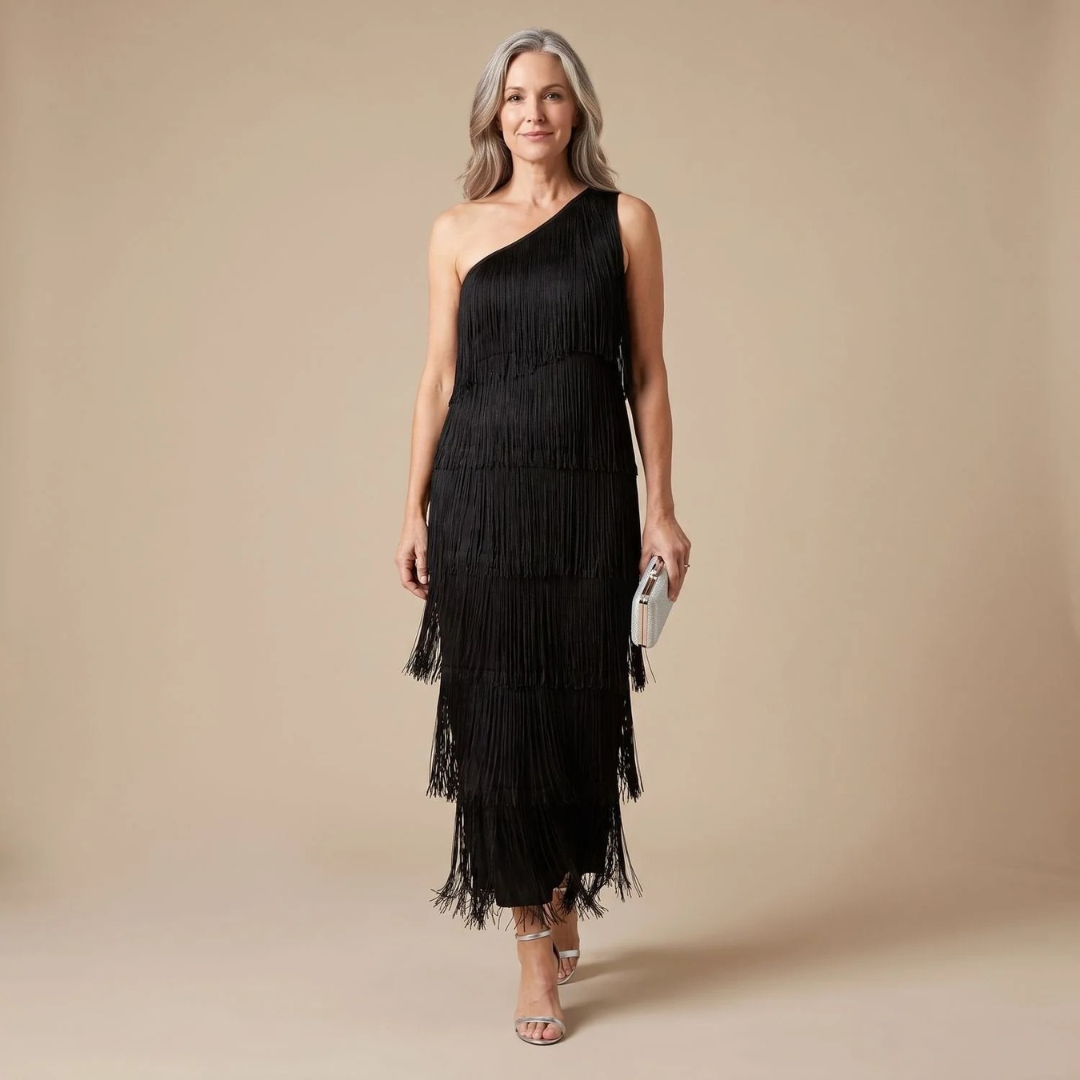 Ariane | Damen Abendkleid mit Fransen und Ein-Schulter