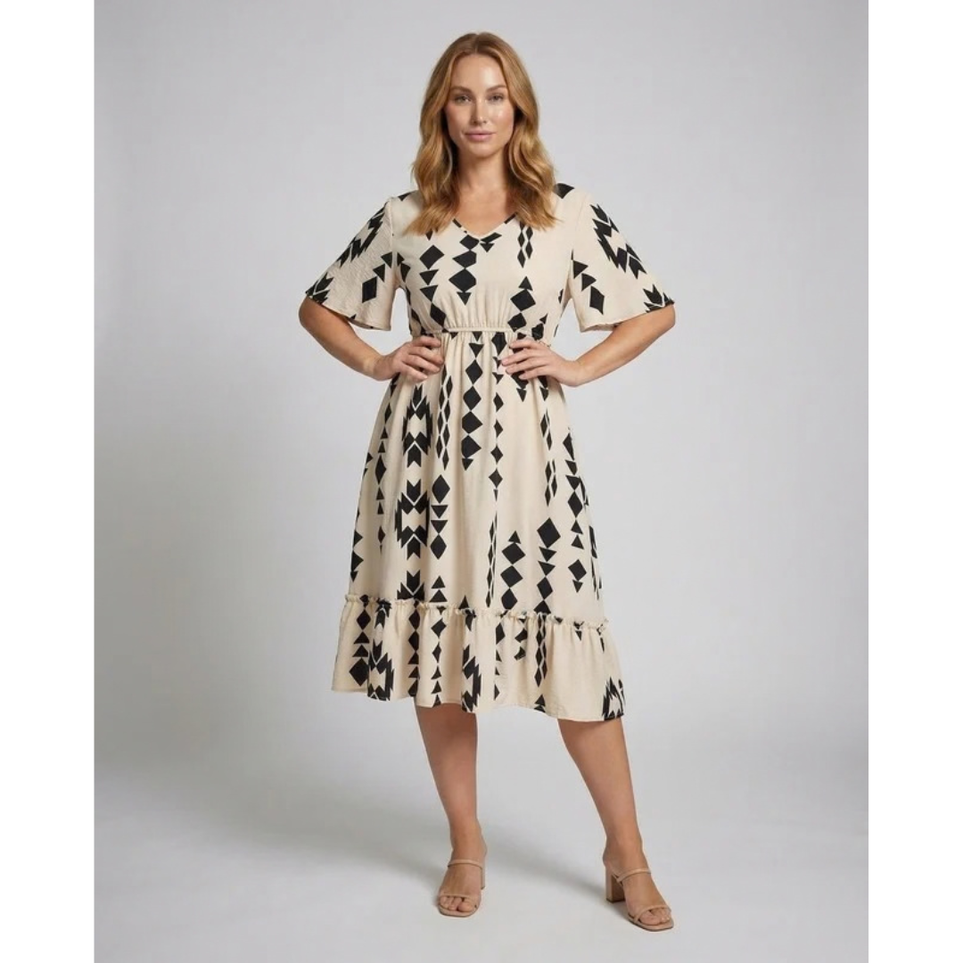 Ariane | Damen Apricot Midikleid für Große Größen im A Linien Stil mit V Ausschnitt, Taille und Volant Saum