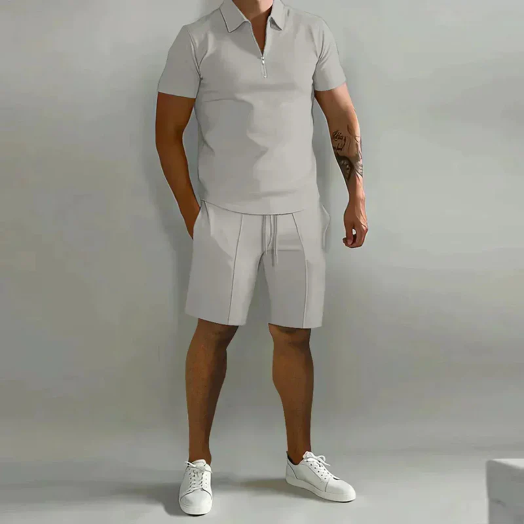 August | Herren Casual Set mit Reißverschluss Poloshirt und Shorts