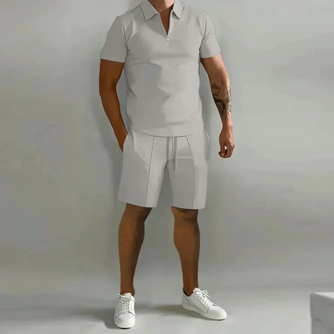 August | Herren Casual Set mit Reißverschluss Poloshirt und Shorts