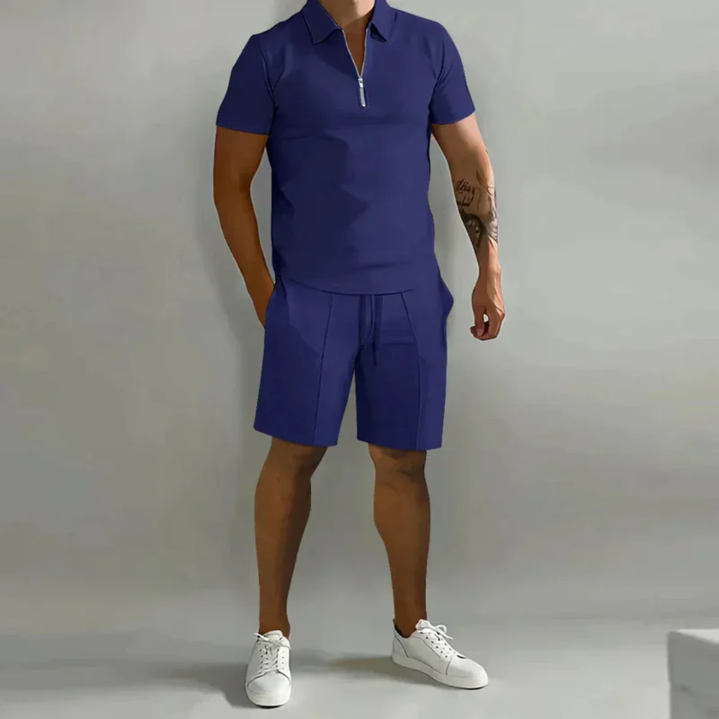 August | Herren Casual Set mit Reißverschluss Poloshirt und Shorts