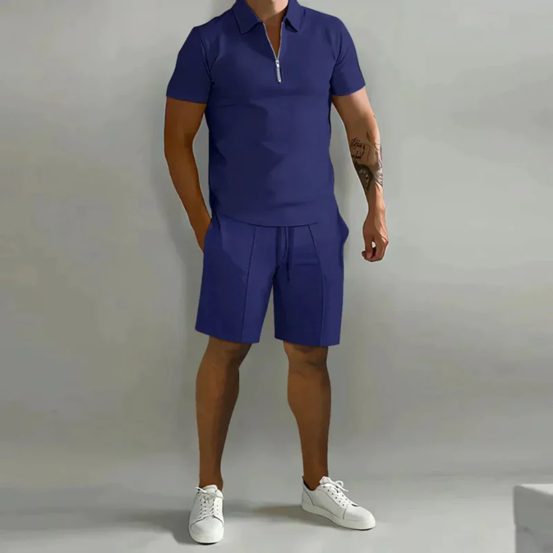 August | Herren Casual Set mit Reißverschluss Poloshirt und Shorts