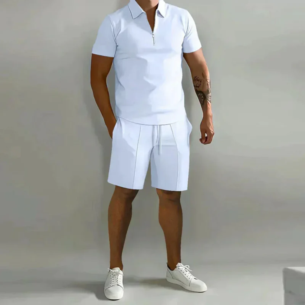 August | Herren Casual Set mit Reißverschluss Poloshirt und Shorts