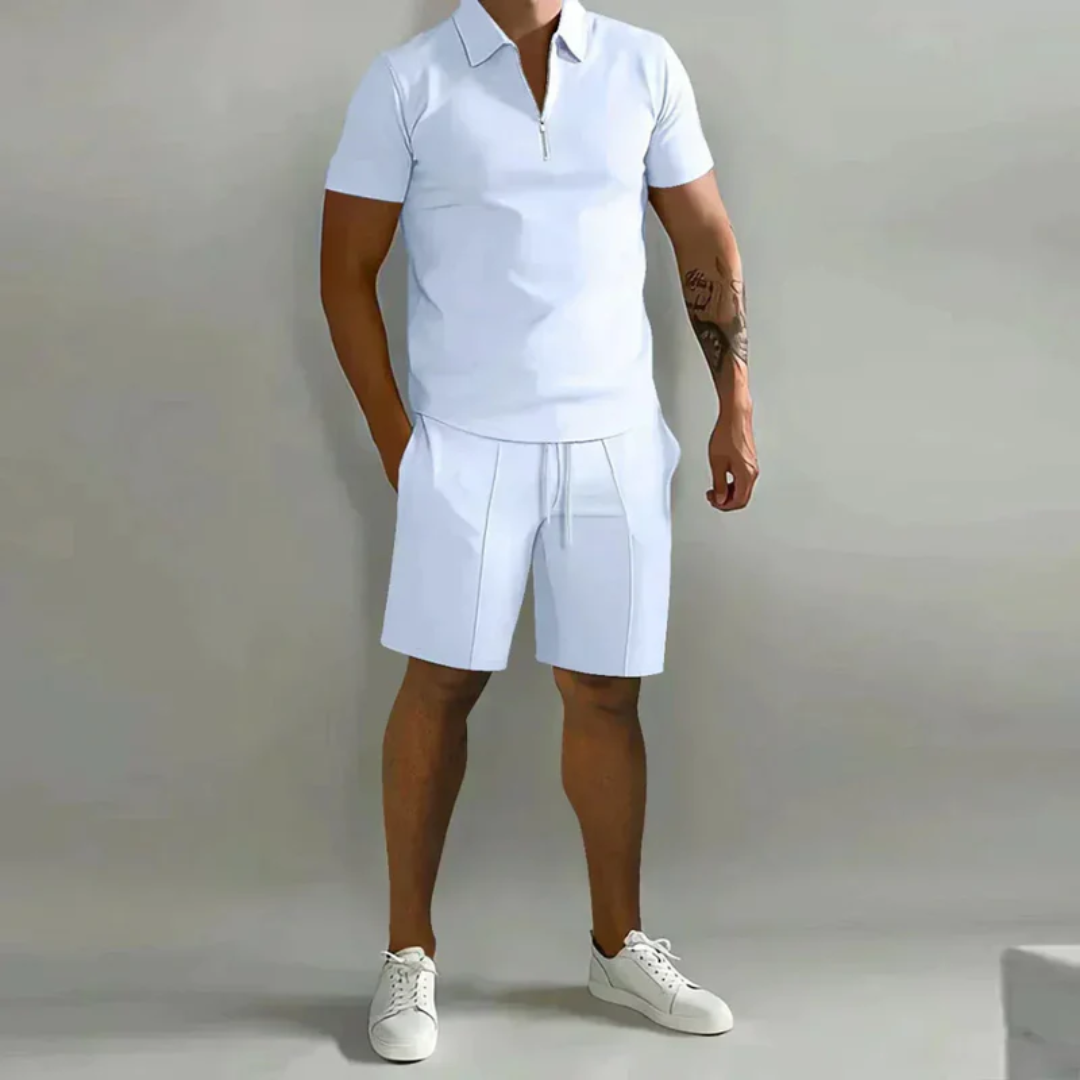 August | Herren Casual Set mit Reißverschluss Poloshirt und Shorts