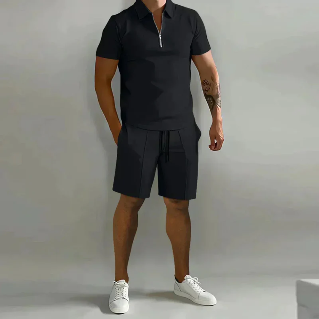 August | Herren Casual Set mit Reißverschluss Poloshirt und Shorts