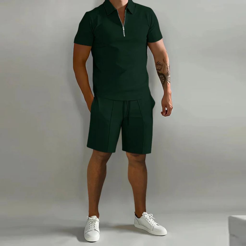 August | Herren Casual Set mit Reißverschluss Poloshirt und Shorts