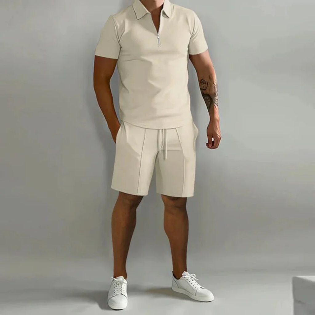 August | Herren Casual Set mit Reißverschluss Poloshirt und Shorts