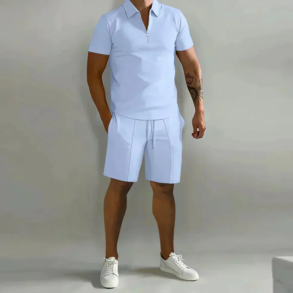 August | Herren Casual Set mit Reißverschluss Poloshirt und Shorts