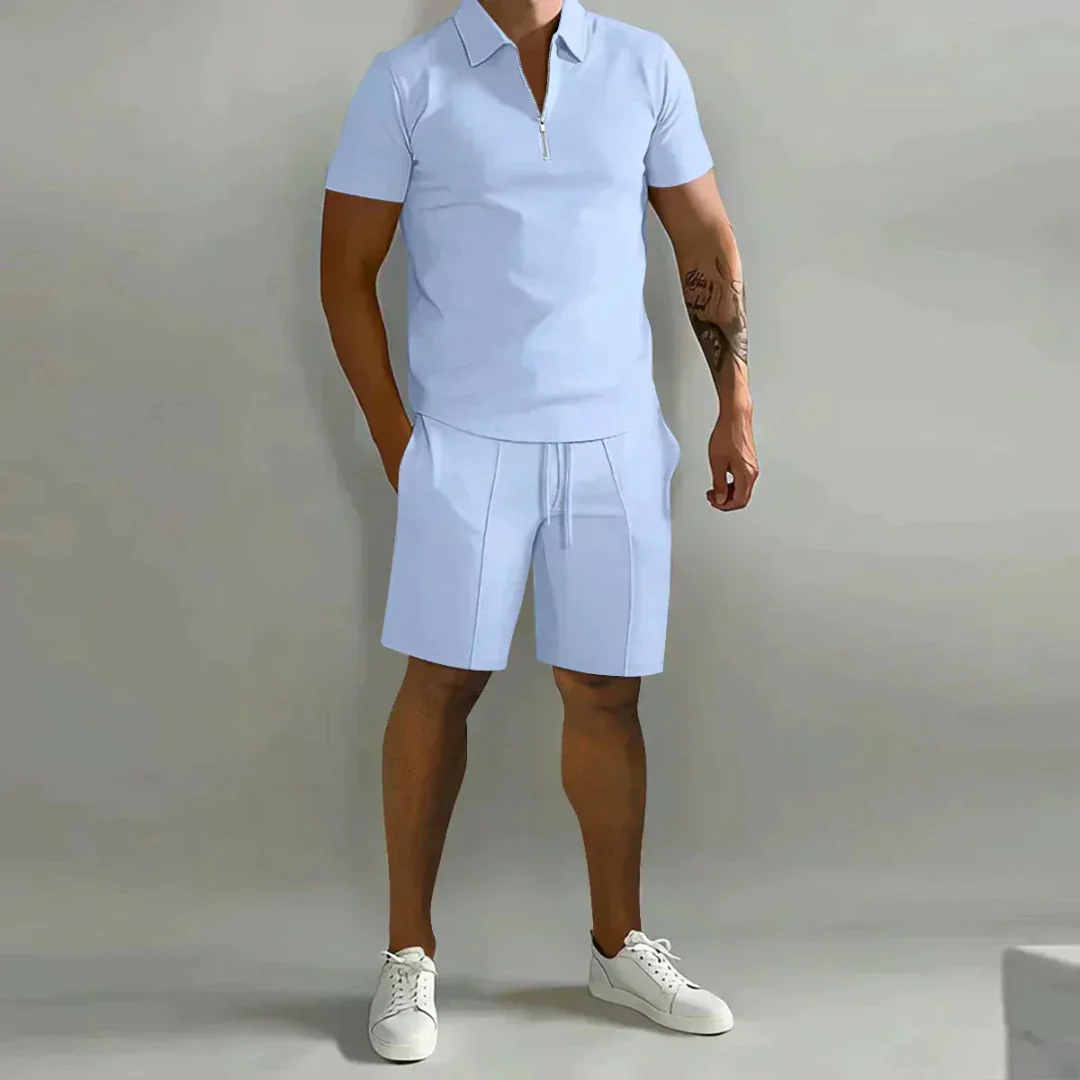 August | Herren Casual Set mit Reißverschluss Poloshirt und Shorts