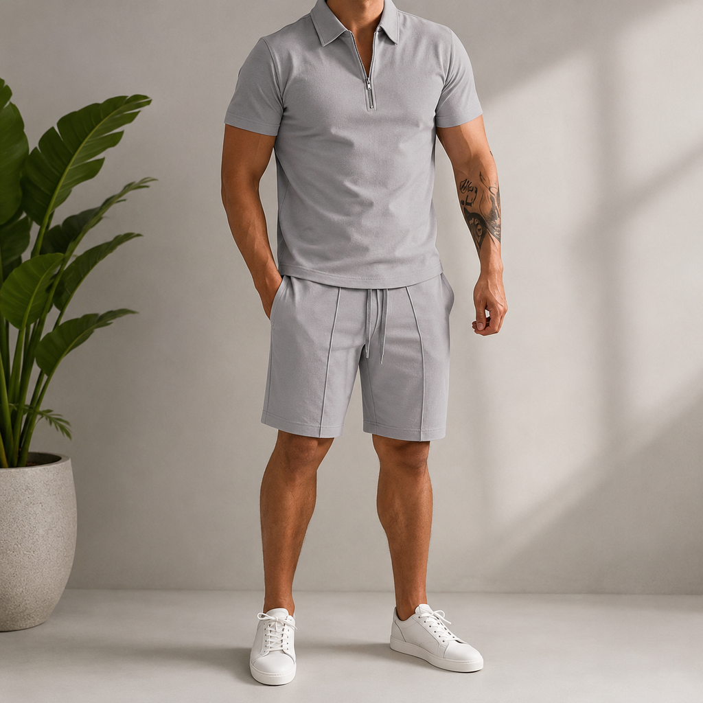 August | Herren Casual Set mit Reißverschluss Poloshirt und Shorts