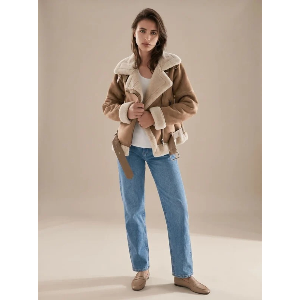 Aurea | Damen Winterjacke mit Gürtel und Teddy Details