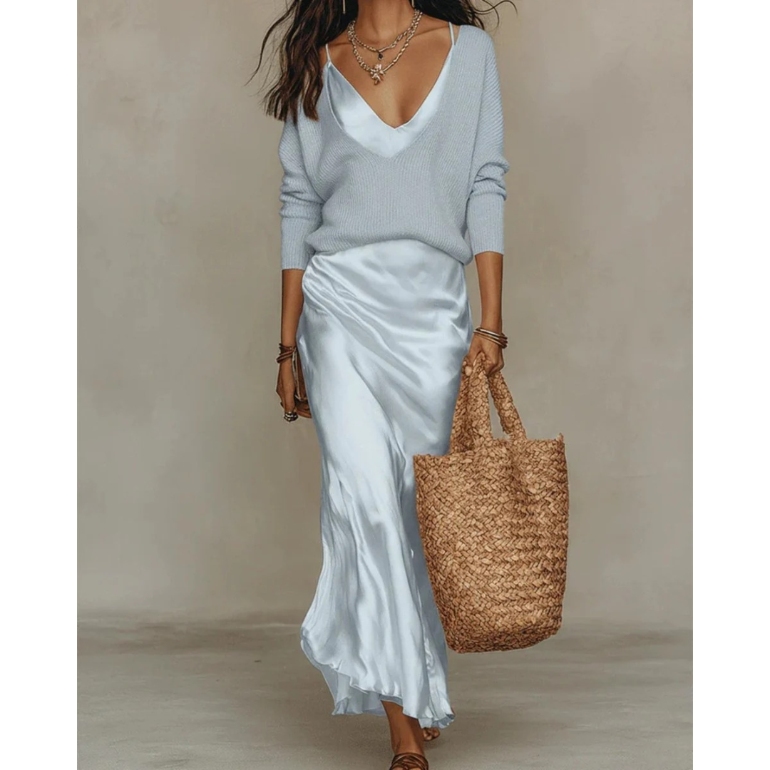 Aurelia | Damen Langarm Maxikleid mit Pullover und Satin Rock