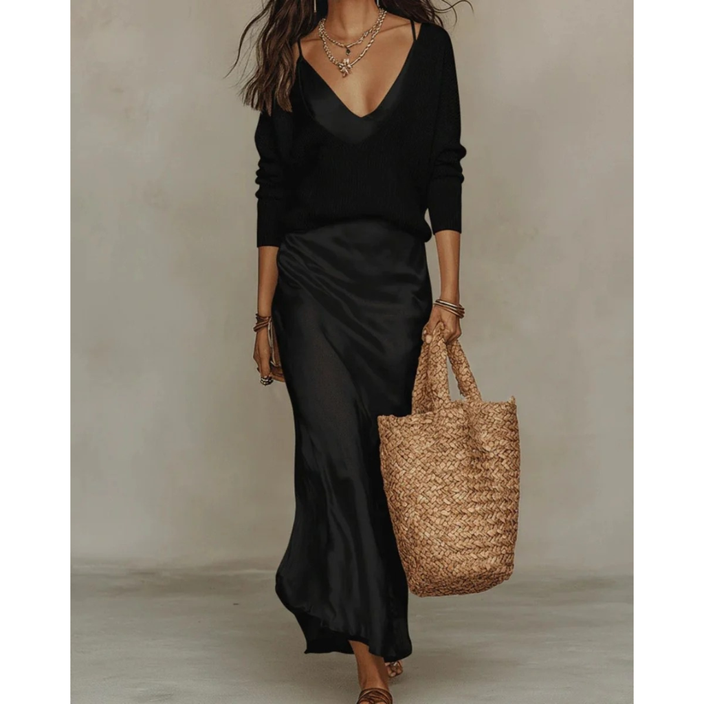 Aurelia | Damen Langarm Maxikleid mit Pullover und Satin Rock