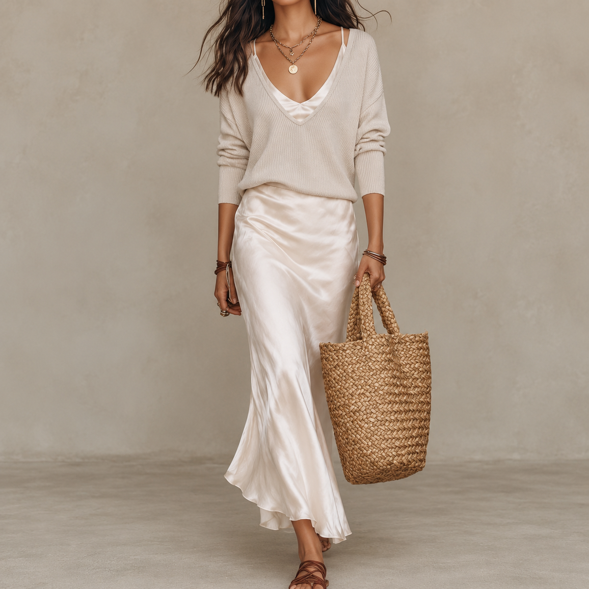 Aurelia | Damen Langarm Maxikleid mit Pullover und Satin Rock