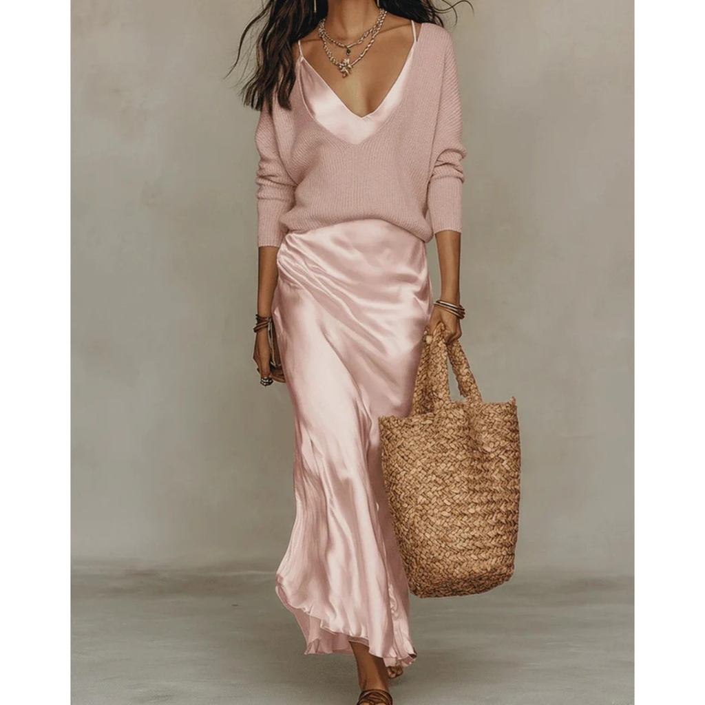 Aurelia | Damen Langarm Maxikleid mit Pullover und Satin Rock