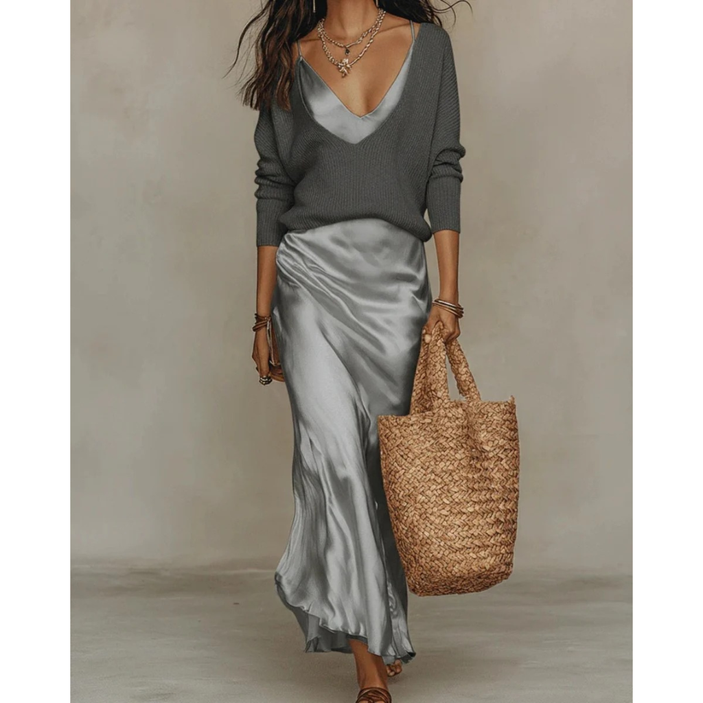 Aurelia | Damen Langarm Maxikleid mit Pullover und Satin Rock