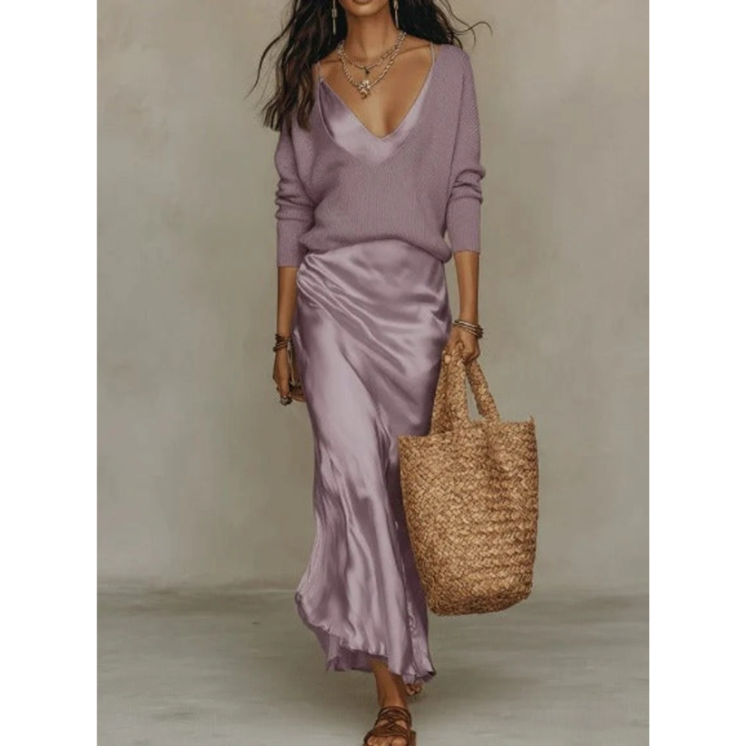 Aurelia | Damen Langarm Maxikleid mit Pullover und Satin Rock