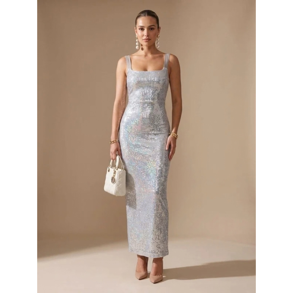 Aurelia | Damen Maxi Kleid Silber mit Pailletten und schmalen Trägern