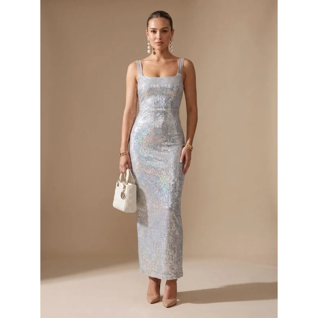 Aurelia | Damen Maxi Kleid Silber mit Pailletten und schmalen Trägern