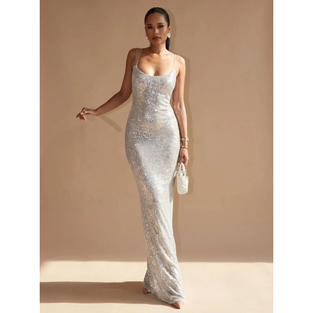 Aurelia | Damen Maxi Kleid Silber mit Pailletten und schmalen Trägern