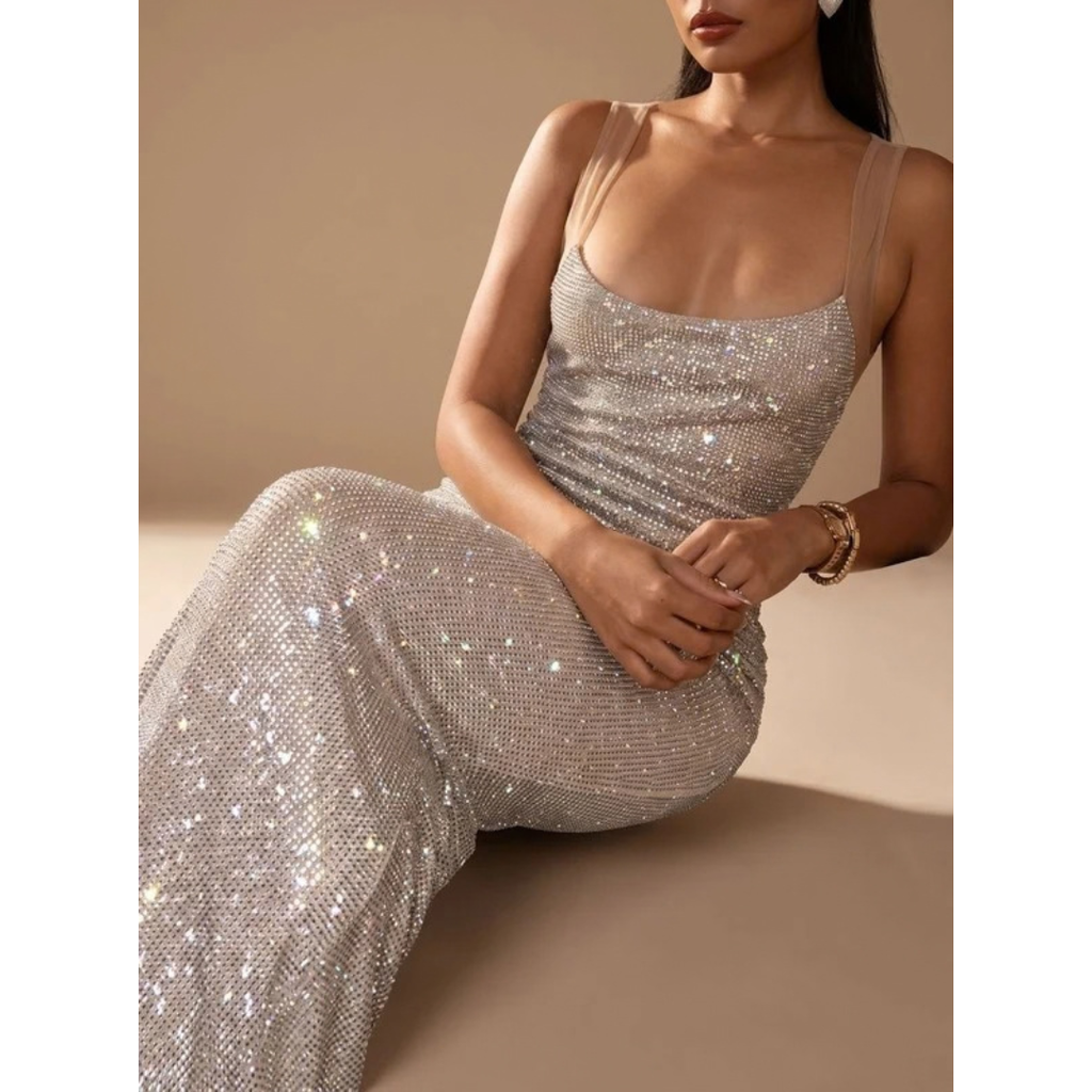 Aurelia | Damen Maxi Kleid Silber mit Pailletten und schmalen Trägern