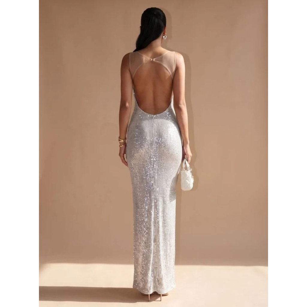 Aurelia | Damen Maxi Kleid Silber mit Pailletten und schmalen Trägern
