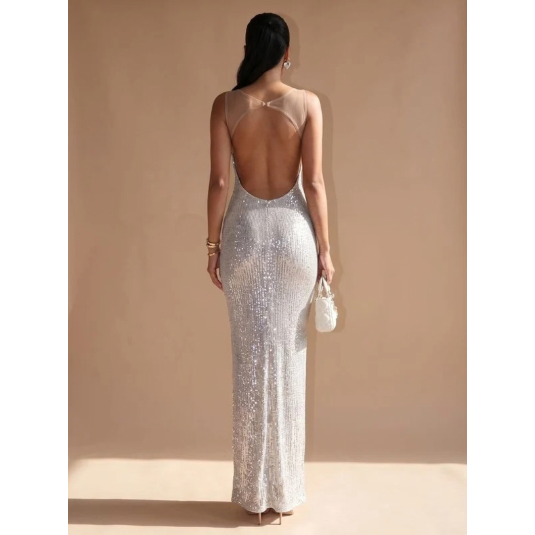 Aurelia | Damen Maxi Kleid Silber mit Pailletten und schmalen Trägern