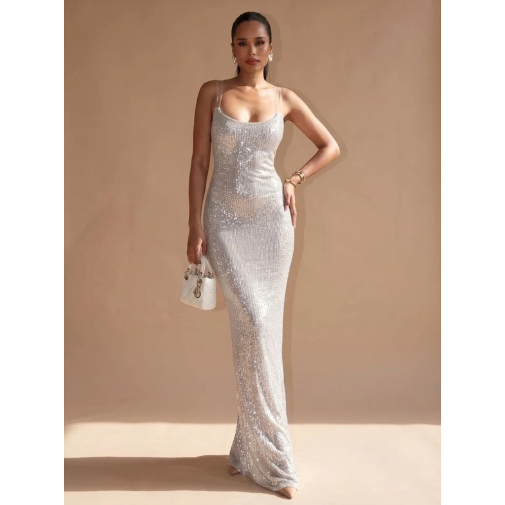 Aurelia | Damen Maxi Kleid Silber mit Pailletten und schmalen Trägern