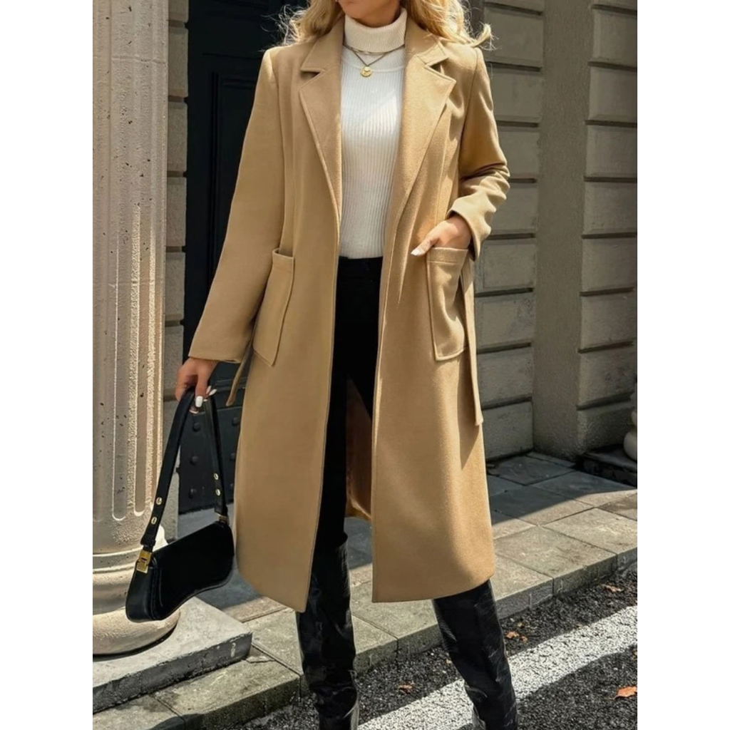 Aurelia | Damen Wollmantel mit Gürtel, Revers und Taschen