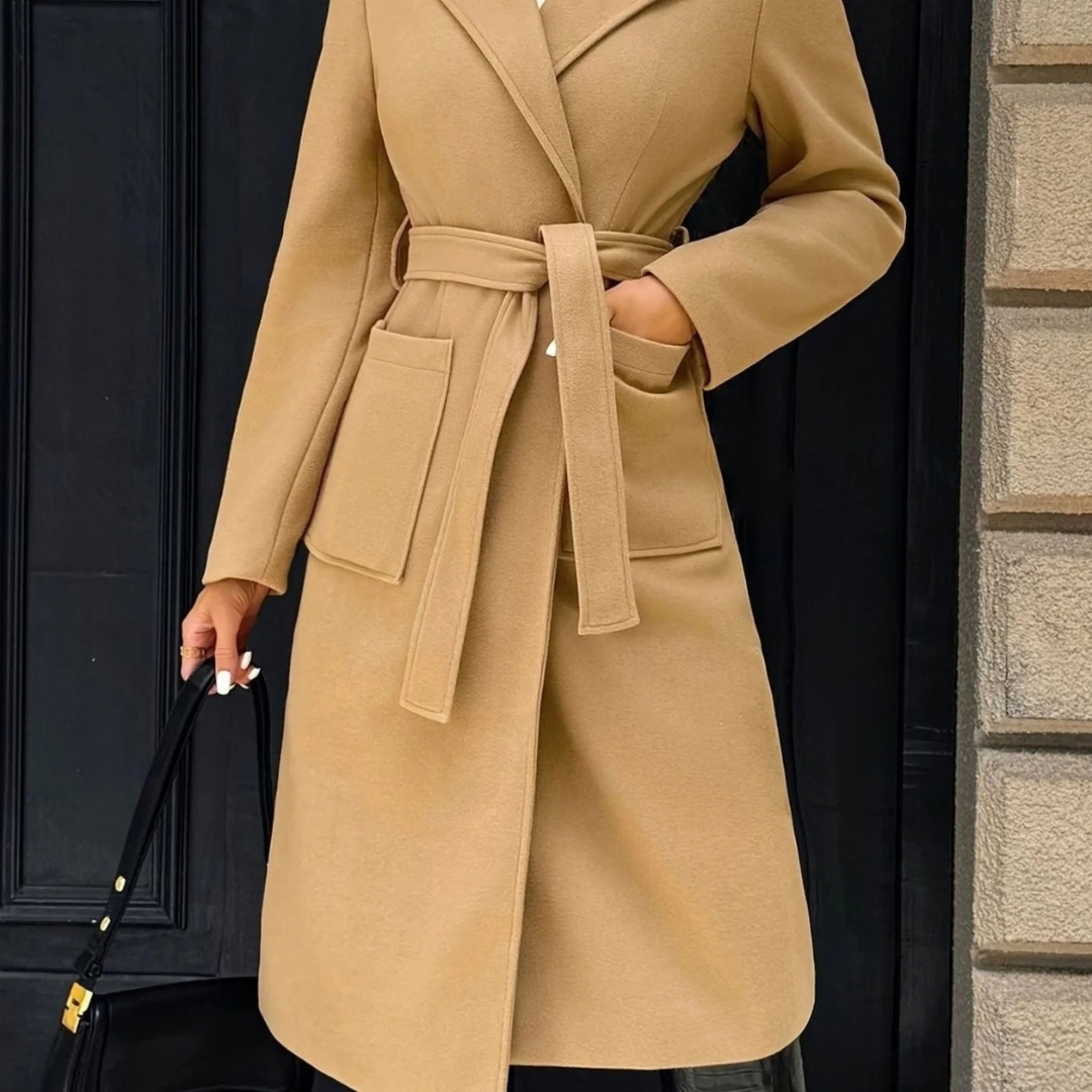 Aurelia | Damen Wollmantel mit Gürtel, Revers und Taschen
