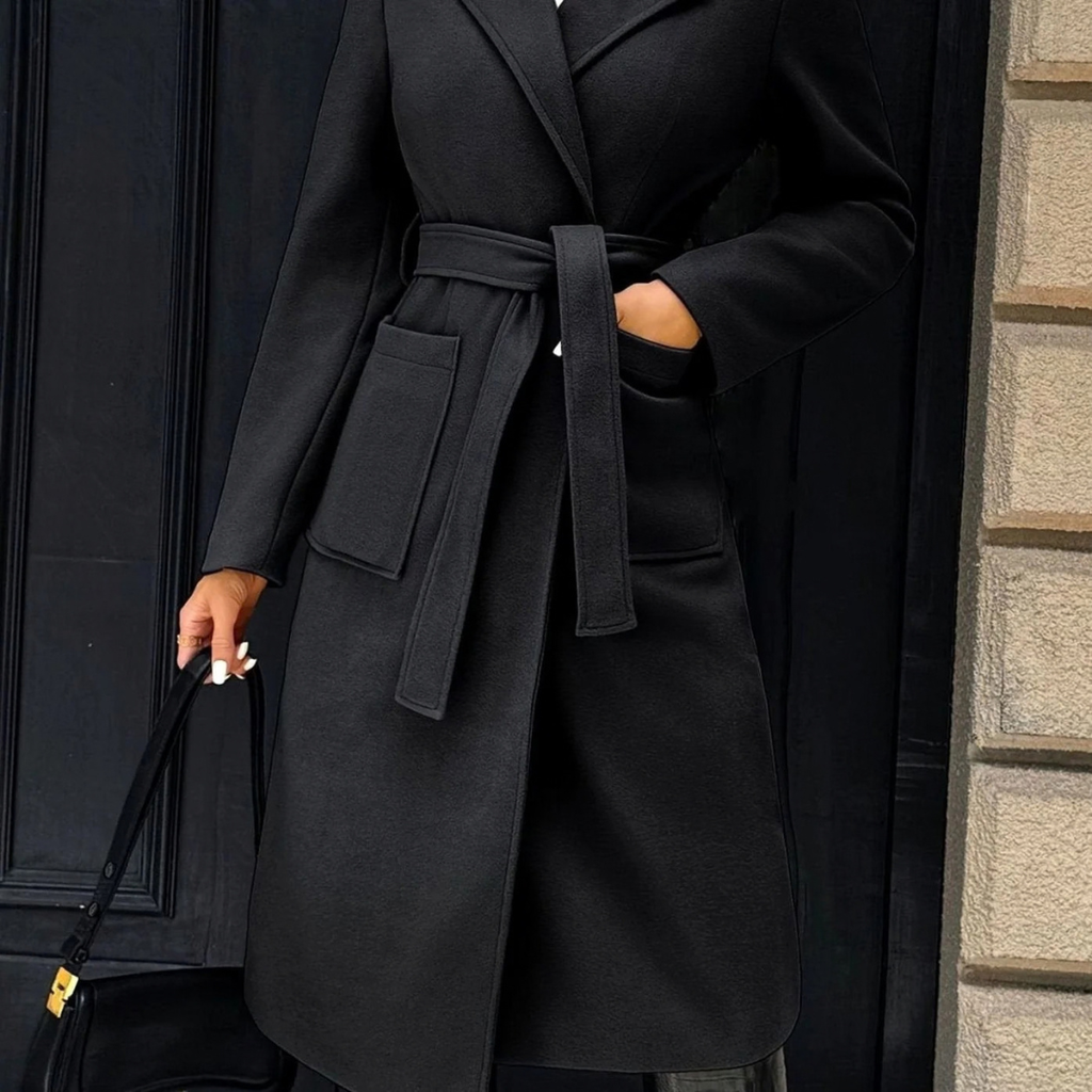 Aurelia | Damen Wollmantel mit Gürtel, Revers und Taschen