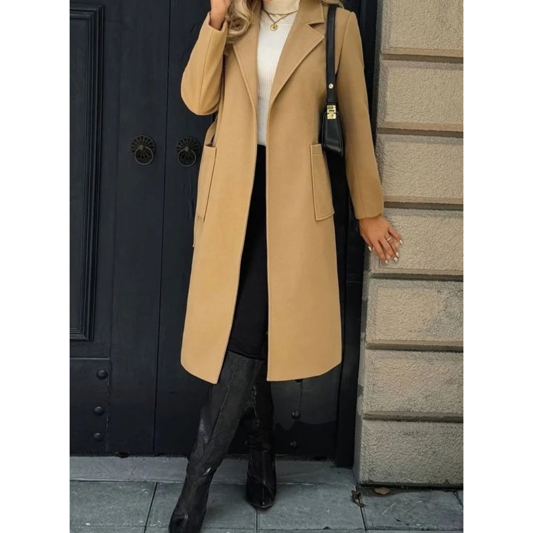 Aurelia | Damen Wollmantel mit Gürtel, Revers und Taschen