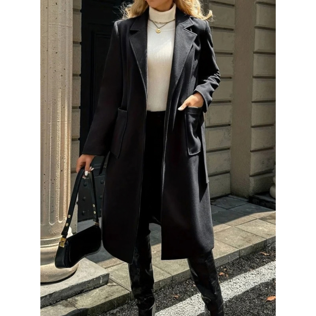 Aurelia | Damen Wollmantel mit Gürtel, Revers und Taschen