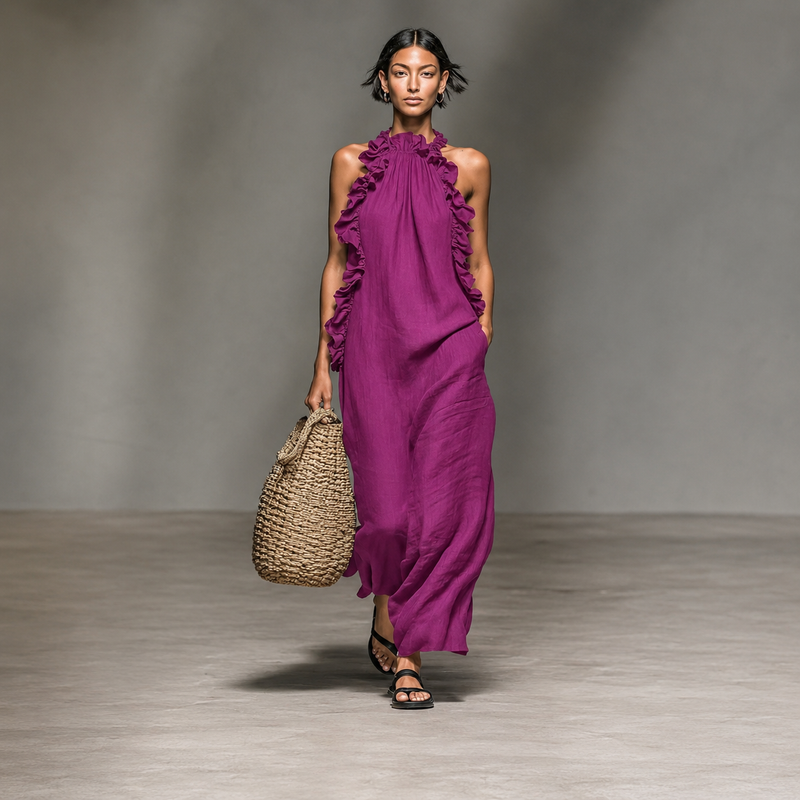 Ava | Damen Stilvolles Rüschen Maxikleid