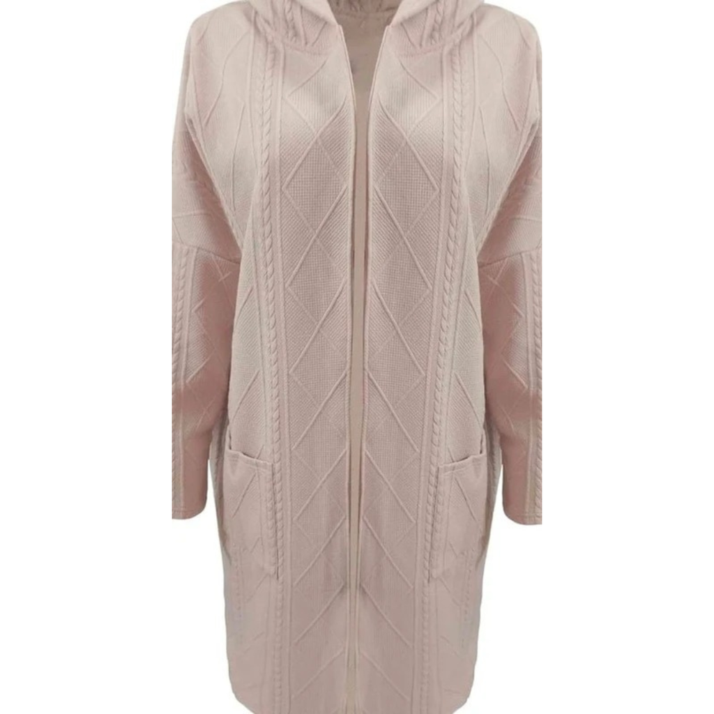 Aylin | Damen Lange Strickjacke mit Kapuze und Strickmuster