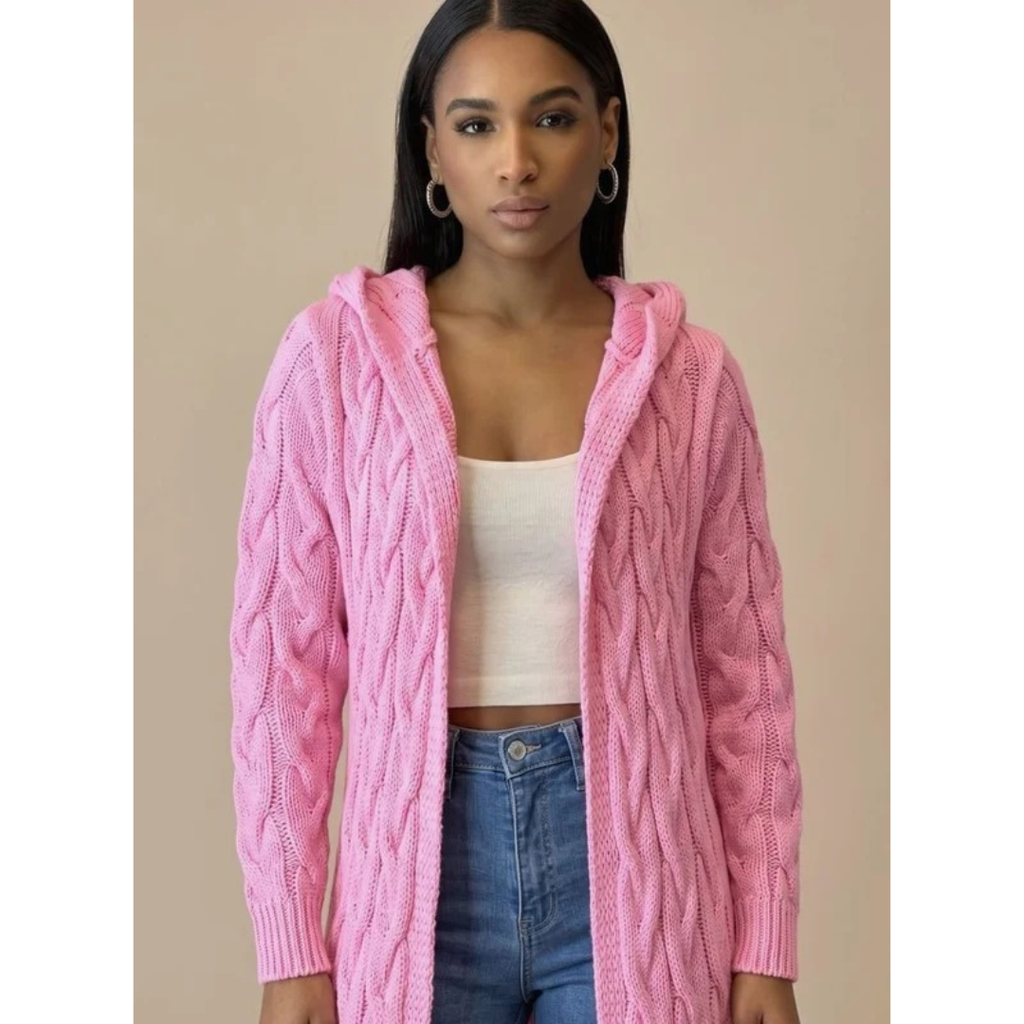 Aylin | Damen Lange Strickjacke mit Kapuze und Strickmuster