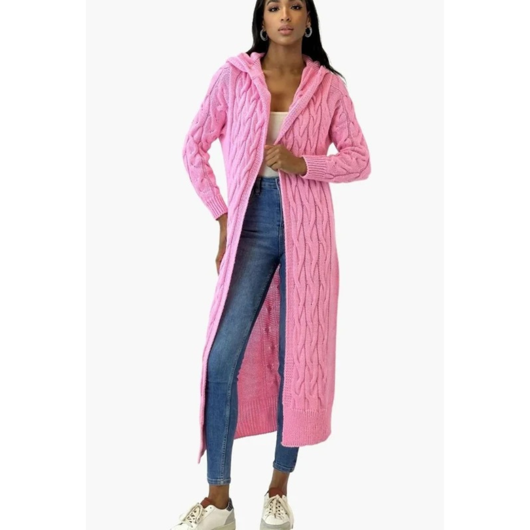 Aylin | Damen Lange Strickjacke mit Kapuze und Strickmuster