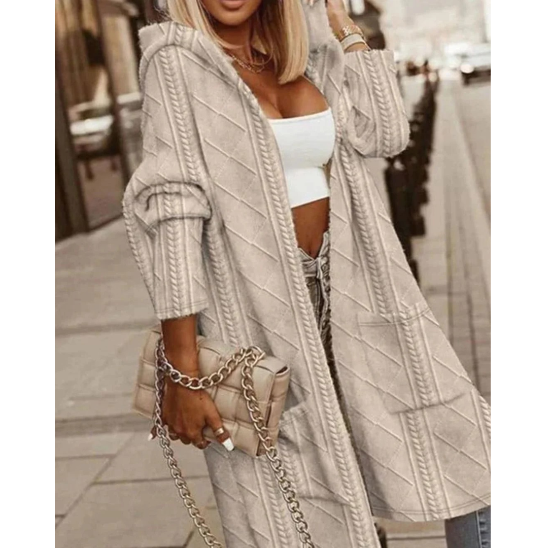 Aylin | Damen Lange Strickjacke mit Kapuze und Strickmuster