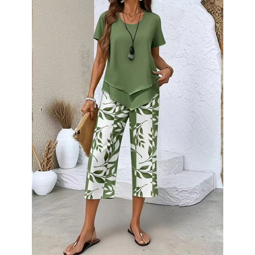 Barbara | Damen Sommer Zweiteiler Bluse Hose Set
