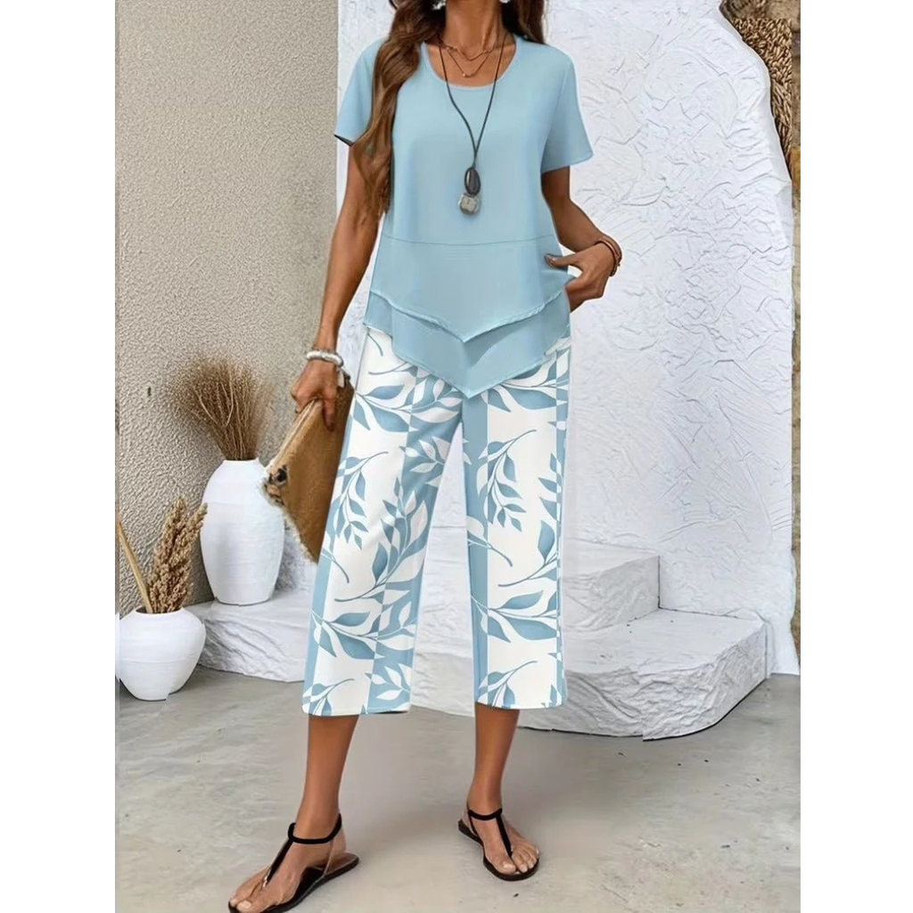 Barbara | Damen Sommer Zweiteiler Bluse Hose Set