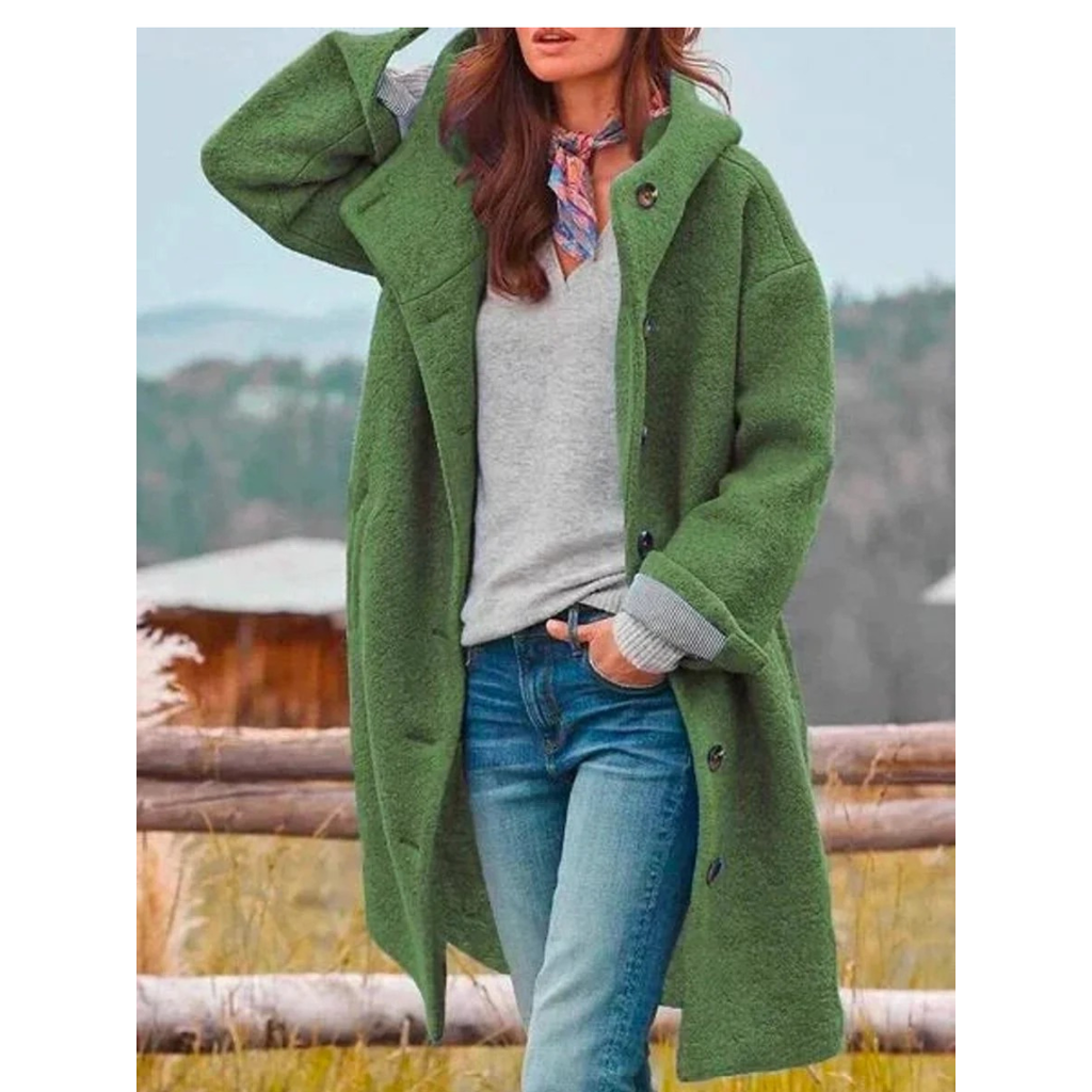 Beatrix | Damen Lange Fleece Winterjacke mit Kapuze und Knöpfen