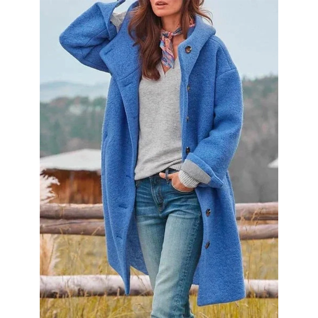 Beatrix | Damen Lange Fleece Winterjacke mit Kapuze und Knöpfen