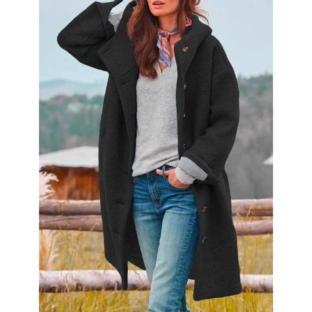 Beatrix | Damen Lange Fleece Winterjacke mit Kapuze und Knöpfen