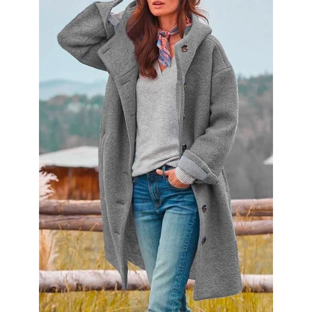 Beatrix | Damen Lange Fleece Winterjacke mit Kapuze und Knöpfen