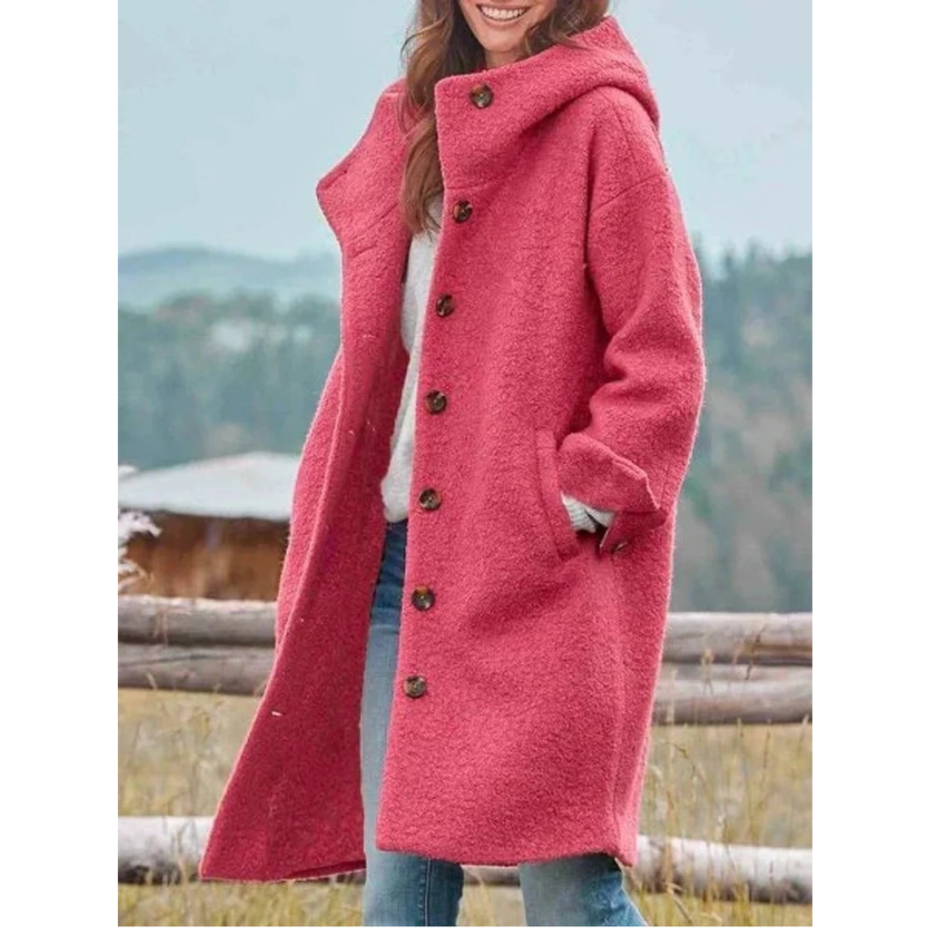 Beatrix | Damen Lange Fleece Winterjacke mit Kapuze und Knöpfen