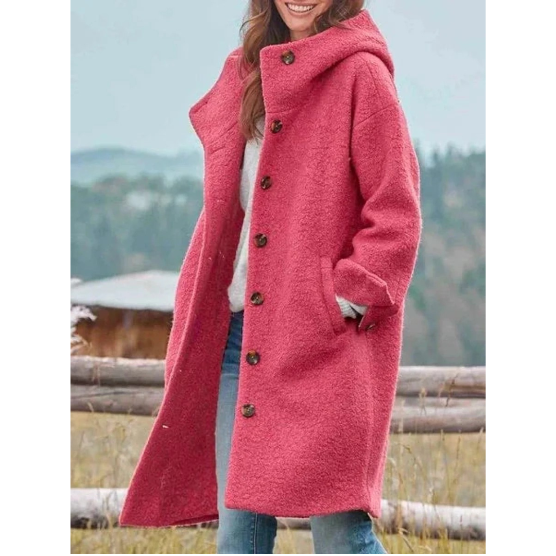 Beatrix | Damen Lange Fleece Winterjacke mit Kapuze und Knöpfen