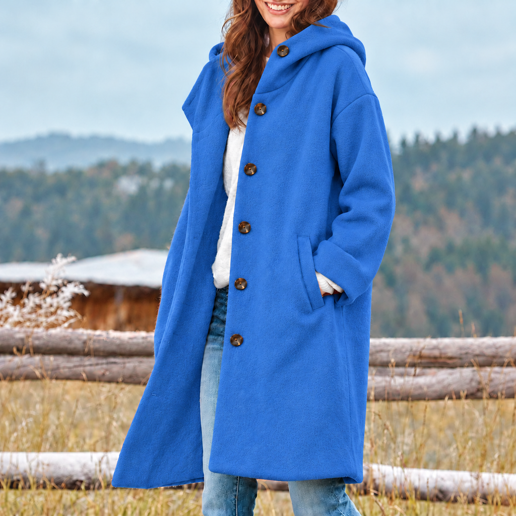 Beatrix | Damen Lange Fleece Winterjacke mit Kapuze und Knöpfen