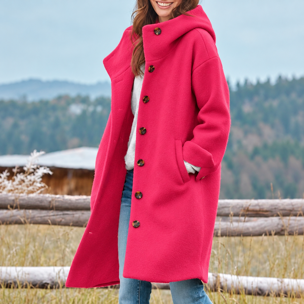 Beatrix | Damen Lange Fleece Winterjacke mit Kapuze und Knöpfen