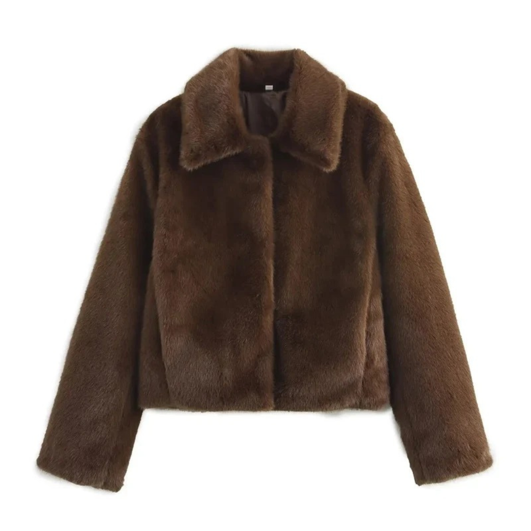 Beatrix | Damen Winterjacke Dunkelbraun mit Kunstpelz, Kurzes Design mit Besonderer Optik