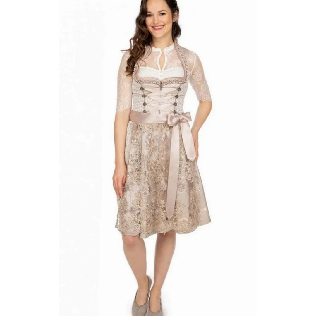 Bernadette | Damen Beige Oktoberfest Dirndl Mit Spitzen Details Und Schleifenband